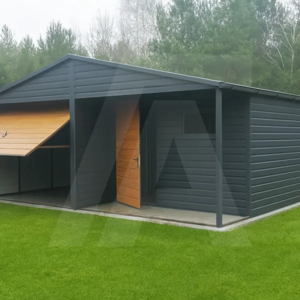 Garaż blaszany 6 x 6 z pomieszczeniem gospodarczym Grafit Mat widok z przodu