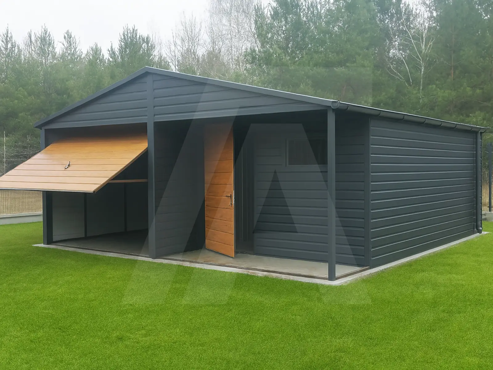 Garaż-blaszany-6-na-6-z-pomieszczeniem-gospodarczym-Grafit-Mat Garaż blaszany 6 x 6 z pomieszczeniem gospodarczym Grafit Mat widok z przodu