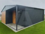 Garaż blaszany 6 x 6 z pomieszczeniem gospodarczym Grafit Mat widok od frontu