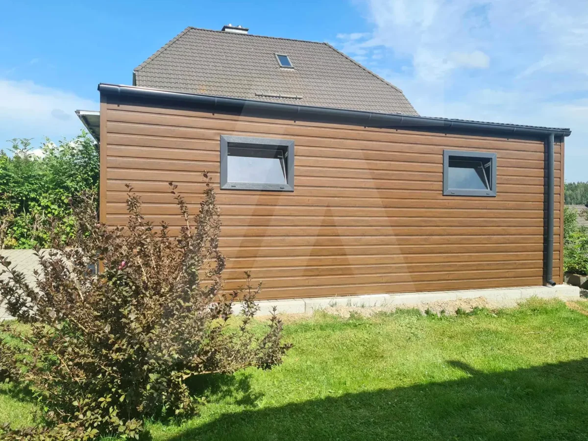 Garaż blaszany dwuspadowy 6 x 6.5 drewnopodobny Orzech