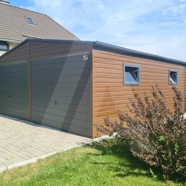 Garaż blaszany dwuspadowy 6 x 6.5 drewnopodobny Orzech