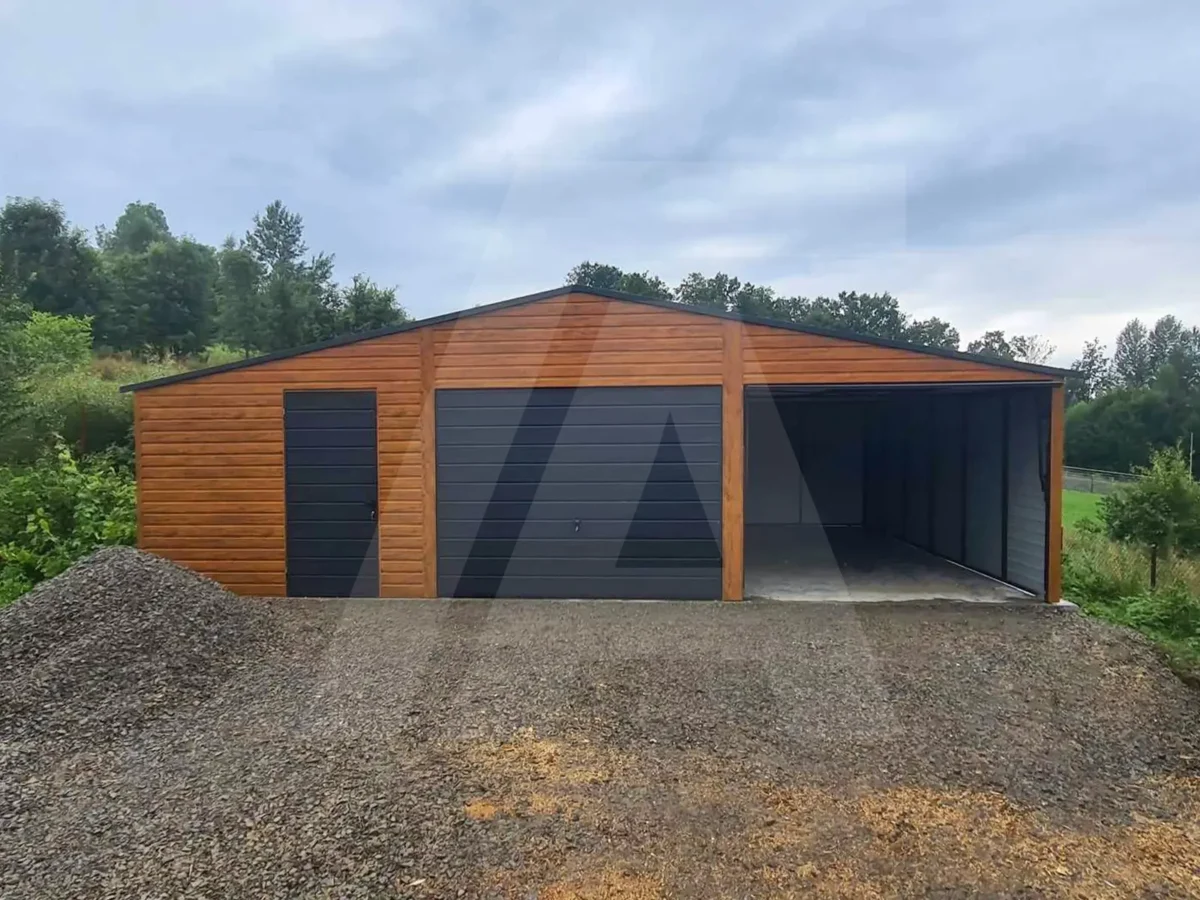 Garaż blaszany dwustanowiskowy 9 x 6.5 złoty dąb + Grafit Mat