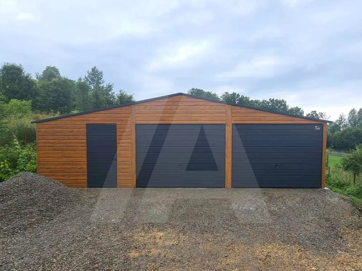 Garaż blaszany dwustanowiskowy 9 x 6.5 złoty dąb + Grafit Mat