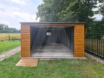 Garaż blaszany złoty dąb 4.5 x 6, spad dachu do tyłu